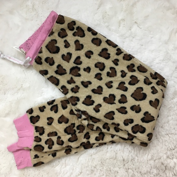 CHEETAH PRINT AND HEARTS FUZZY PAJAMA PANTS - Picture 1 of 2